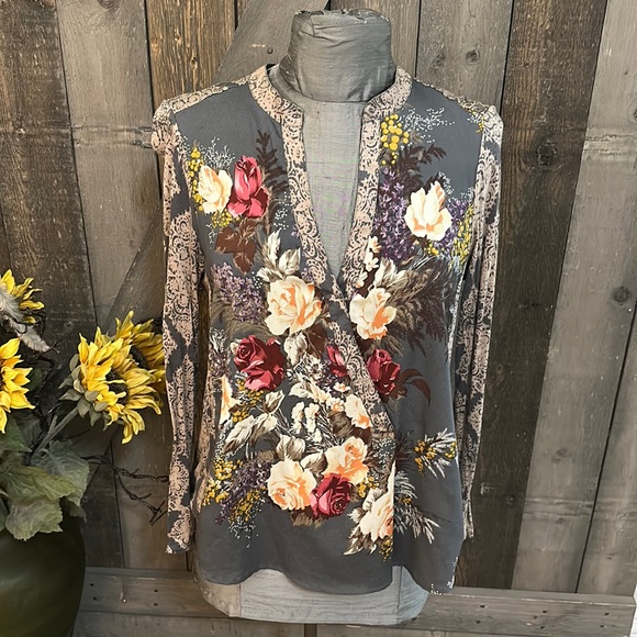 Anthropologie Tops - Anthropologie Gray Floral Wrap-Style Blouse with Cream, Red, Yellow Accents